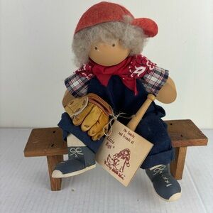Lizzie High-collectible hand-made wood doll-Baseball Boy on bench